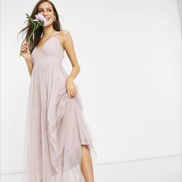·Anaya With Love Bridesmaid tulle plunge front maxi dress in pink - Picture 1 of 7
